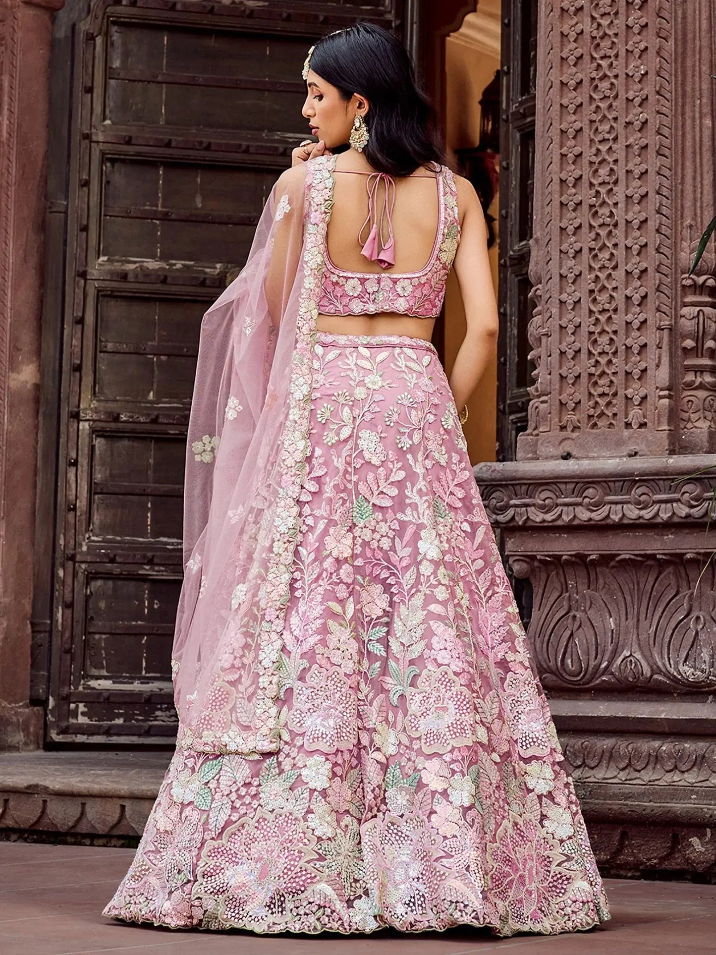 Pretty Pink Thread Embroidery Net Reception Wear Lehenga With Blouse