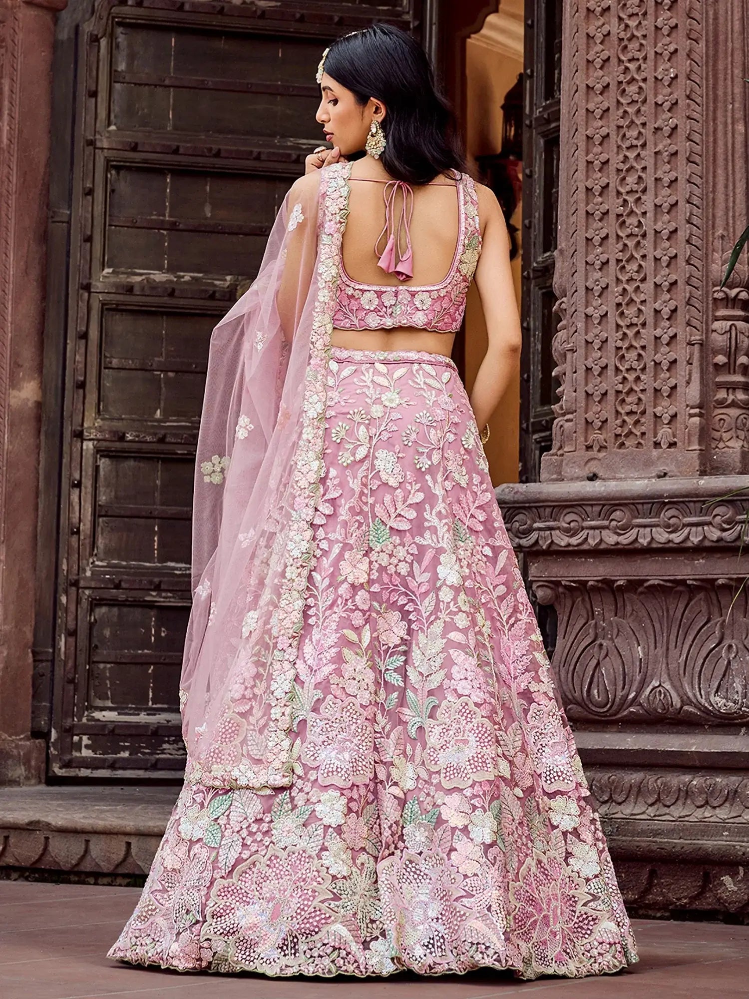 Pretty Pink Thread Embroidery Net Reception Wear Lehenga With Blouse