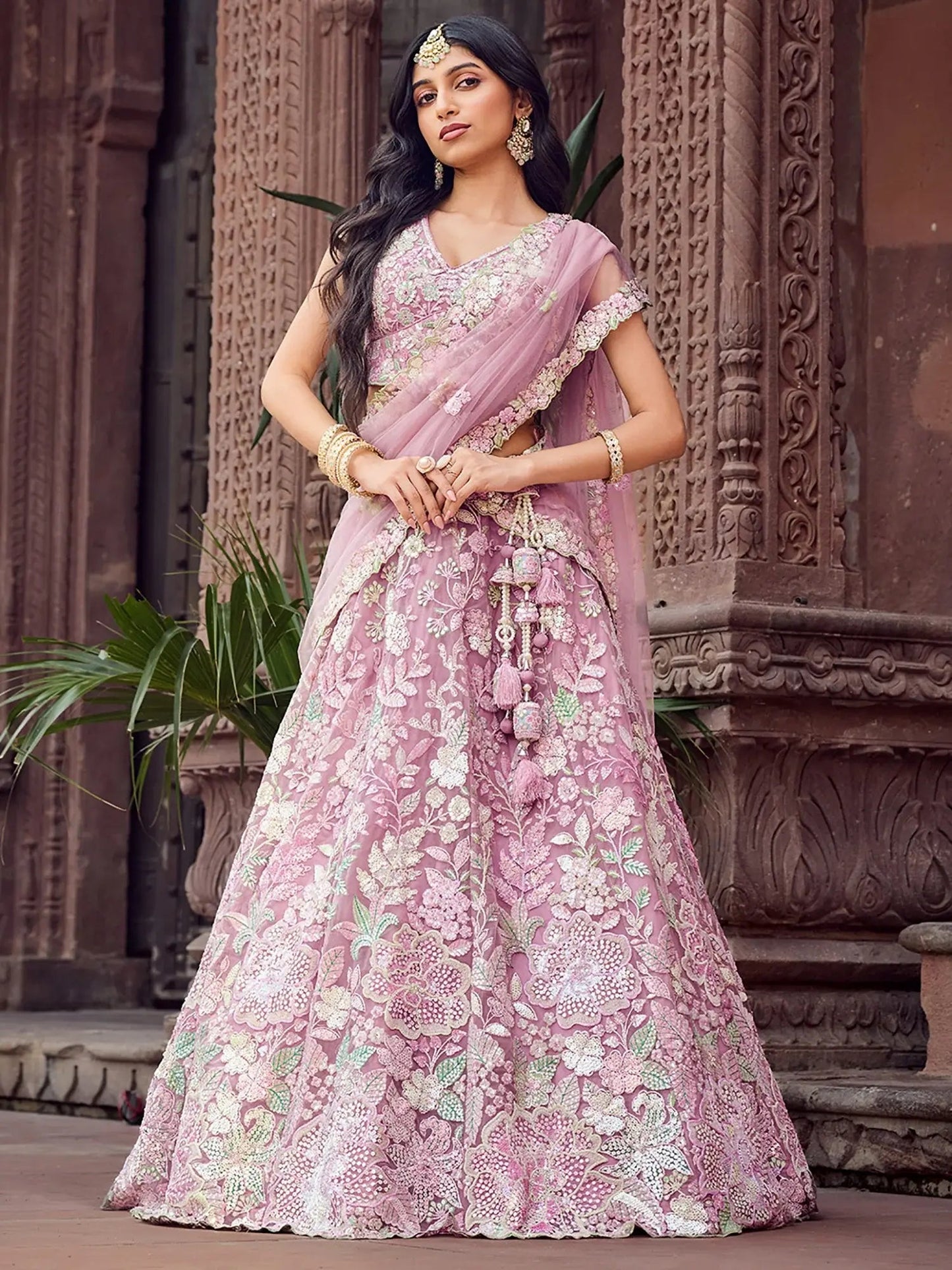 Pretty Pink Thread Embroidery Net Reception Wear Lehenga With Blouse