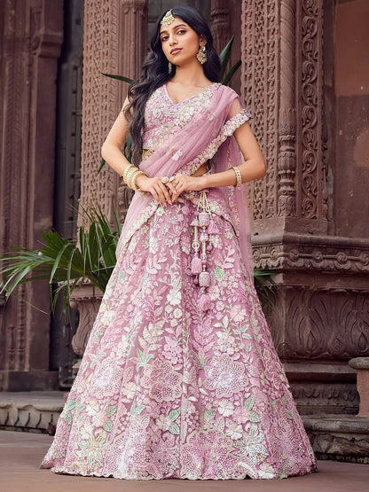 Pretty Pink Thread Embroidery Net Reception Wear Lehenga With Blouse