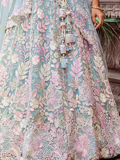 Outstanding Blue Heavy Embroidered Net Engagement Wear Lehenga choli