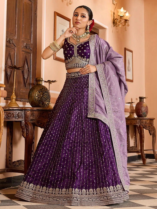 Magnetic Wine Dori Work Tissue Wedding Wear Lehenga Choli With Dupatta