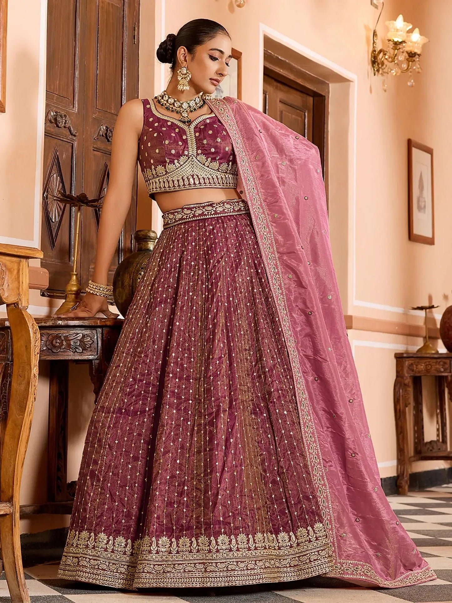 Fantastic Maroon Sequins Tissue Traditional Lehenga Choli With Dupatta