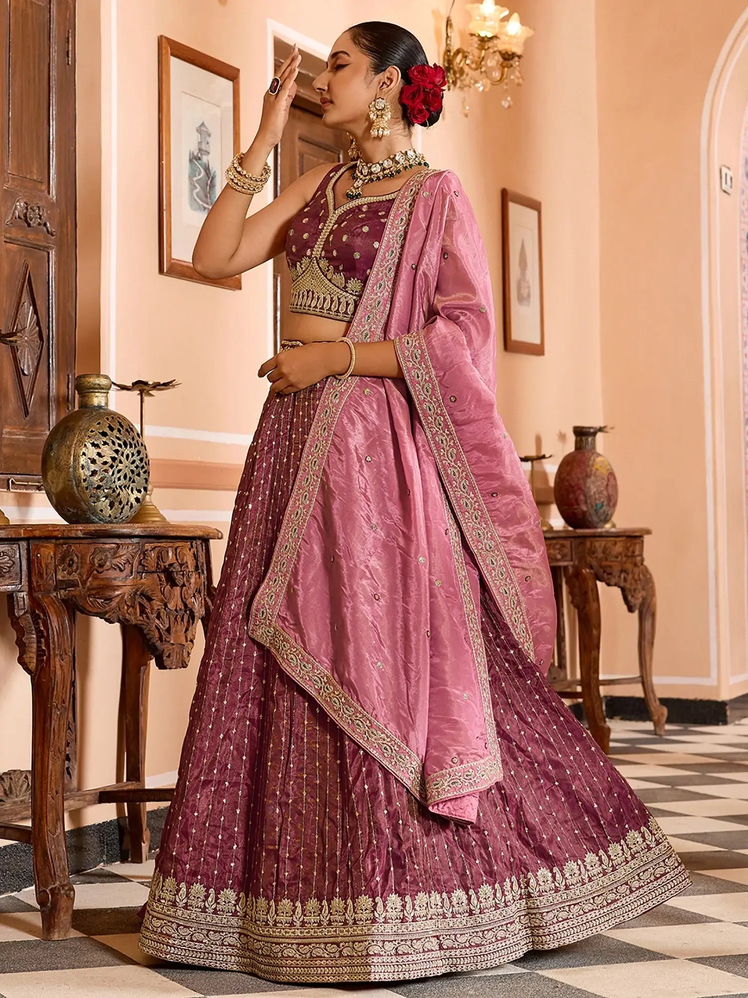 Fantastic Maroon Sequins Tissue Traditional Lehenga Choli With Dupatta