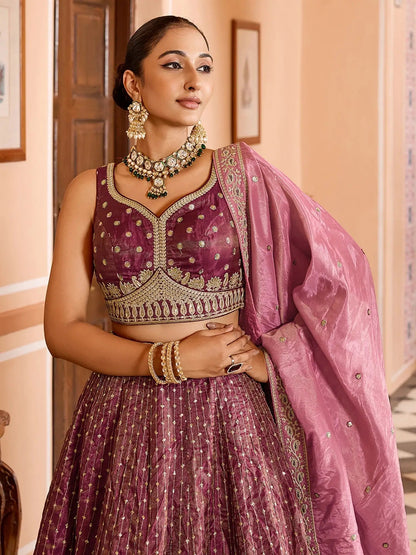 Fantastic Maroon Sequins Tissue Traditional Lehenga Choli With Dupatta