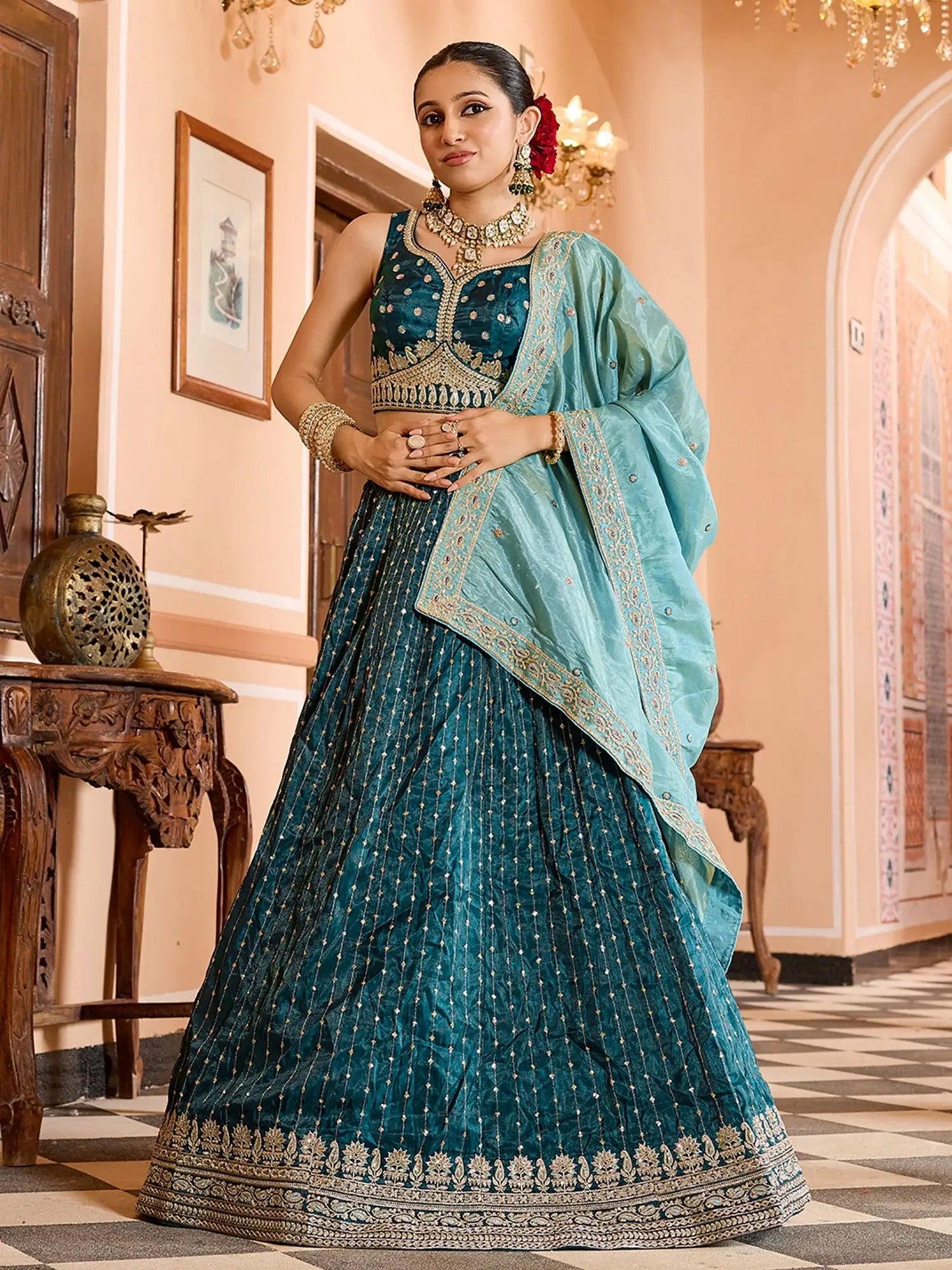 Classy Teal Green Embroidered Tissue Mehendi Wear Lehenga Choli With Dupatta