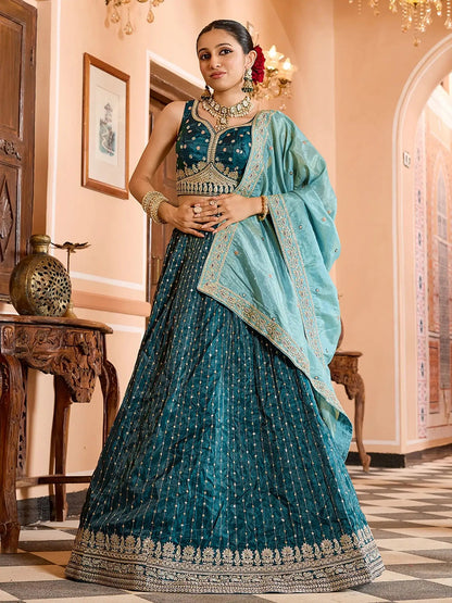Classy Teal Green Embroidered Tissue Mehendi Wear Lehenga Choli With Dupatta