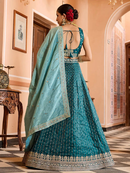 Classy Teal Green Embroidered Tissue Mehendi Wear Lehenga Choli With Dupatta