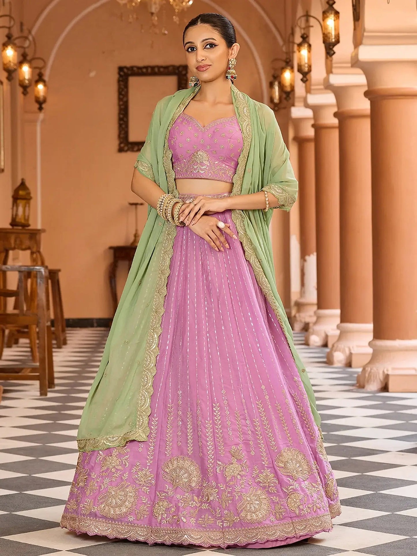 Amazeballs Pink Sequins Tissue Function Wear Lehenga Choli With Dupatta