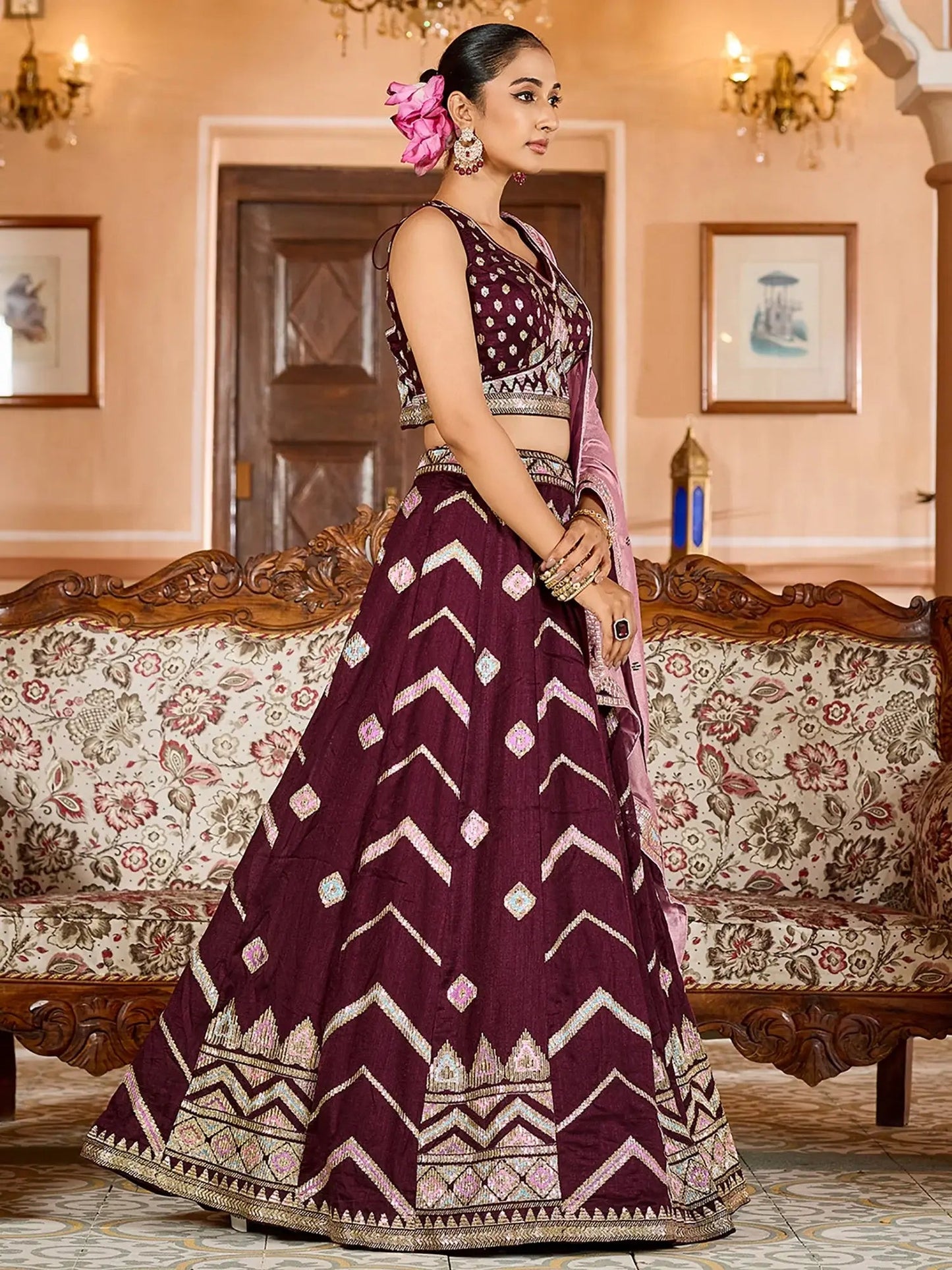 Marvelous Brown Thread Work Tissue Wedding Wear Lehenga Choli With Dupatta