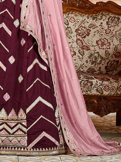 Marvelous Brown Thread Work Tissue Wedding Wear Lehenga Choli With Dupatta