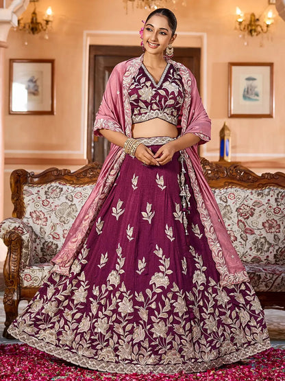 Splendid Burgundy Floral Embroidery Silk Reception Wear Lehenga With Blouse