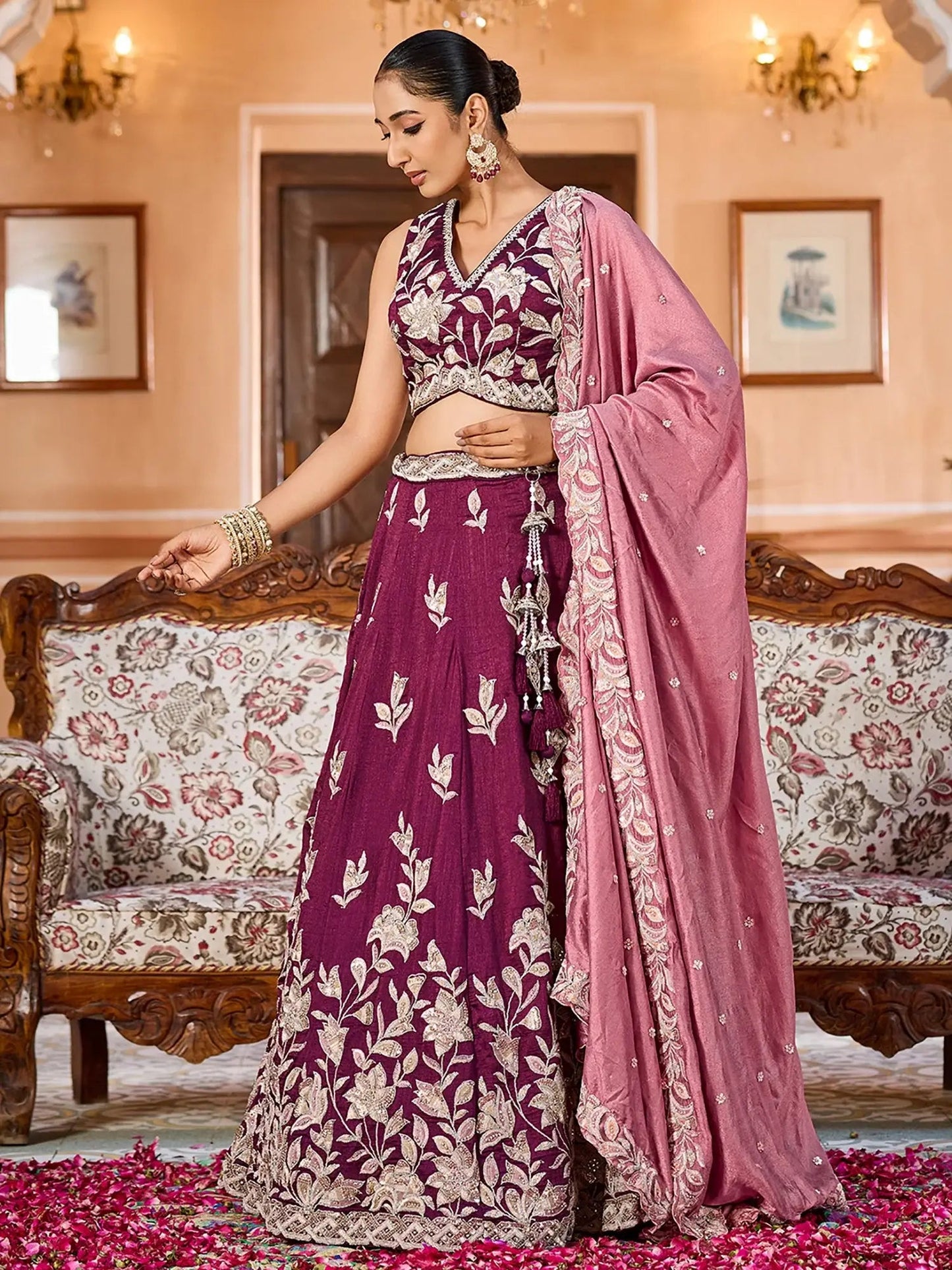 Splendid Burgundy Floral Embroidery Silk Reception Wear Lehenga With Blouse