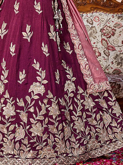 Splendid Burgundy Floral Embroidery Silk Reception Wear Lehenga With Blouse
