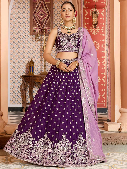 Spectacular Violet Heavy Embroidered Tissue Designer Lehenga Choli With Dupatta
