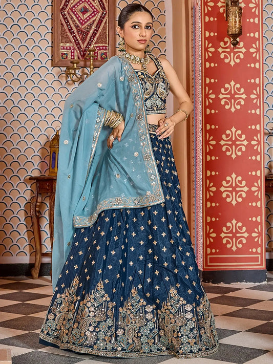 Royal Teal Blue Sequins Tissue Engagement Wear Lehenga Choli With Dupatta