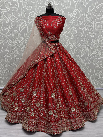 Lovely Red Hand Work Silk Bridal Wear Lehenga Choli With Double Dupatta