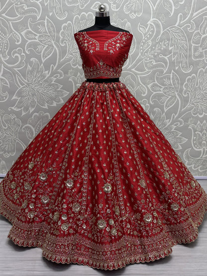 Lovely Red Hand Work Silk Bridal Wear Lehenga Choli With Double Dupatta