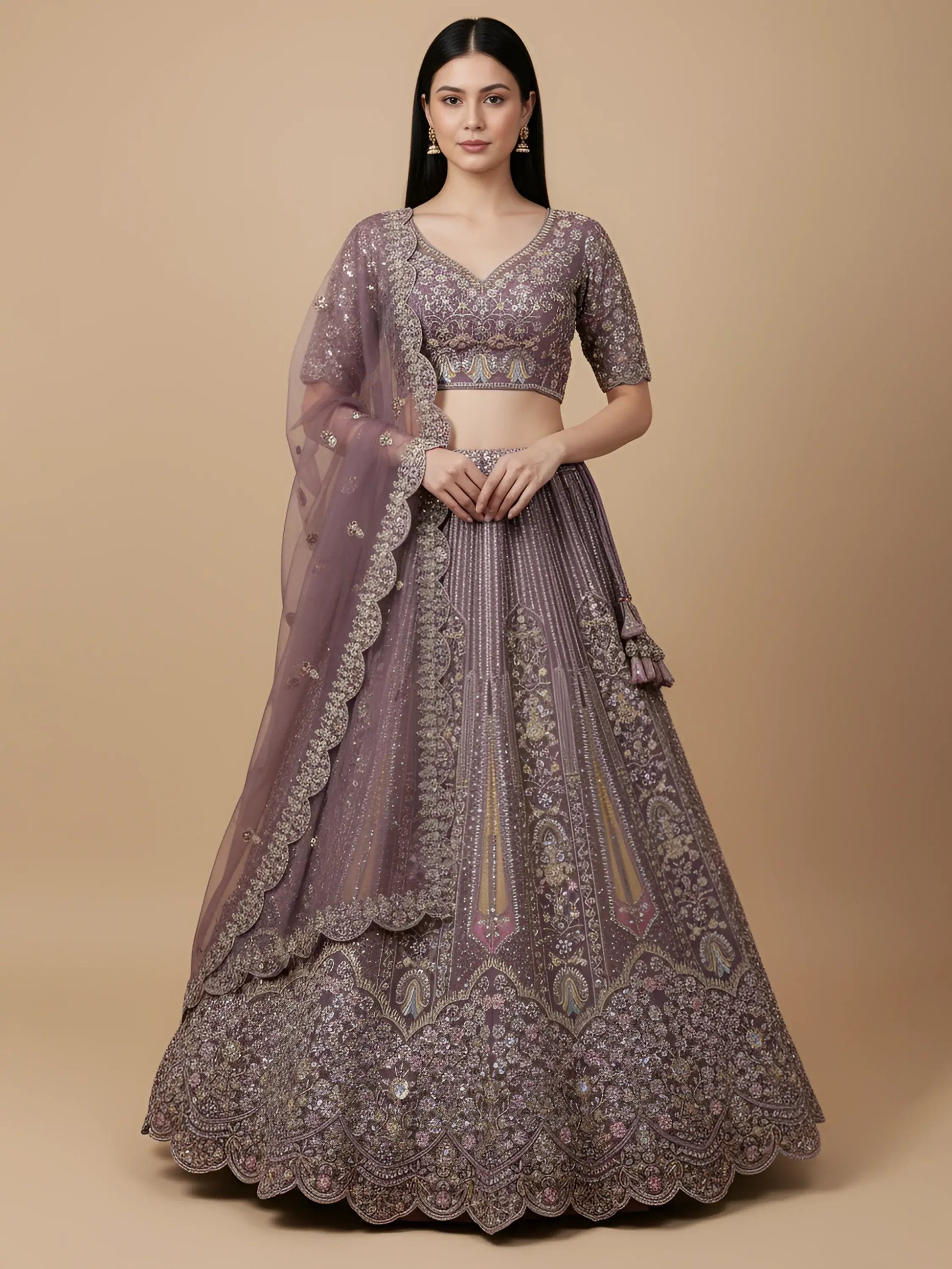 Excellent Mauve Thread Embroidery Net Reception Wear Lehenga Choli With Dupatta