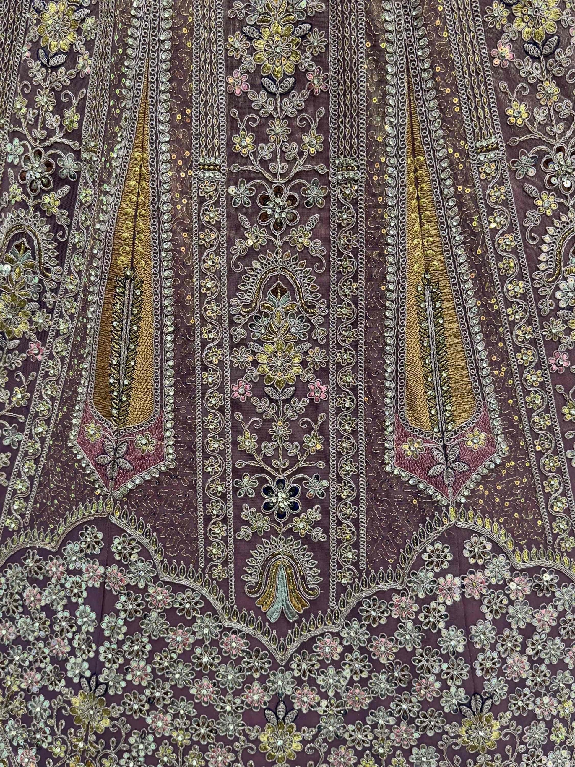 Excellent Mauve Thread Embroidery Net Reception Wear Lehenga Choli With Dupatta