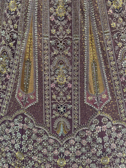 Excellent Mauve Thread Embroidery Net Reception Wear Lehenga Choli With Dupatta