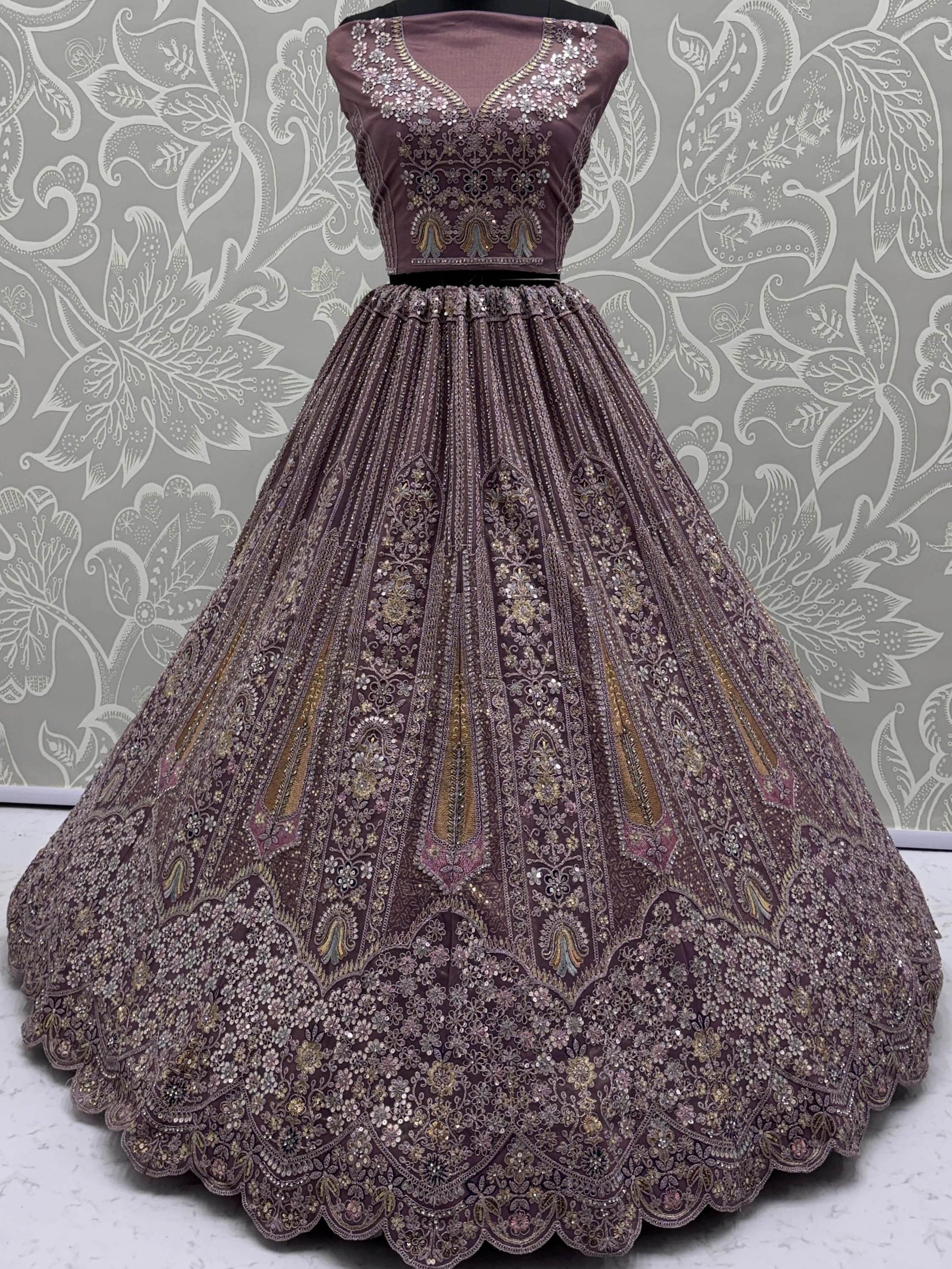 Excellent Mauve Thread Embroidery Net Reception Wear Lehenga Choli With Dupatta