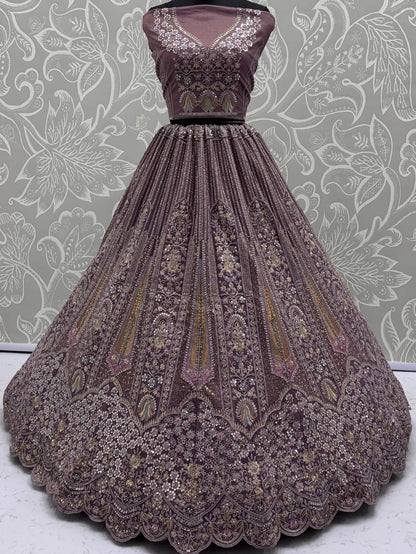 Excellent Mauve Thread Embroidery Net Reception Wear Lehenga Choli With Dupatta