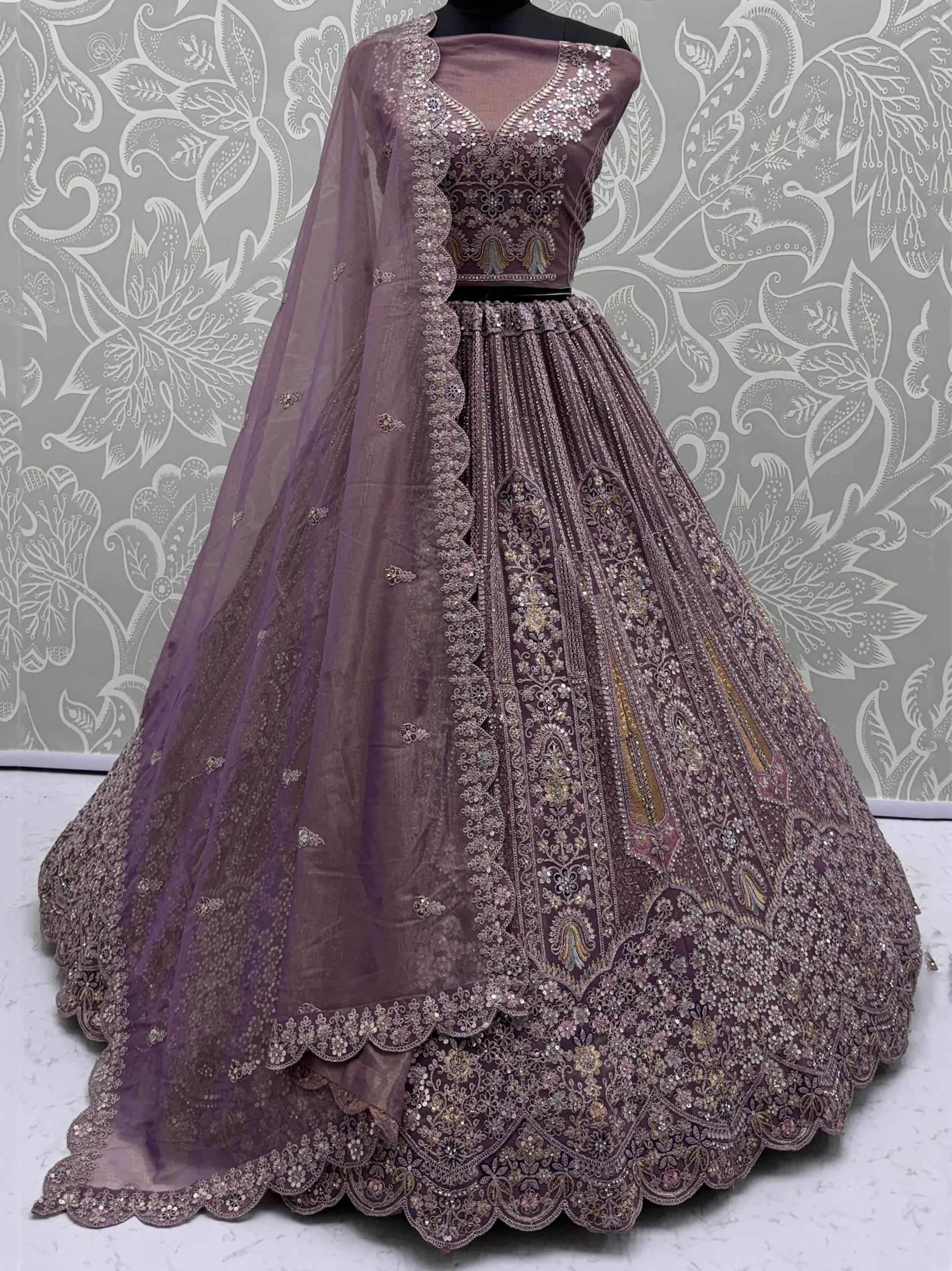 Excellent Mauve Thread Embroidery Net Reception Wear Lehenga Choli With Dupatta