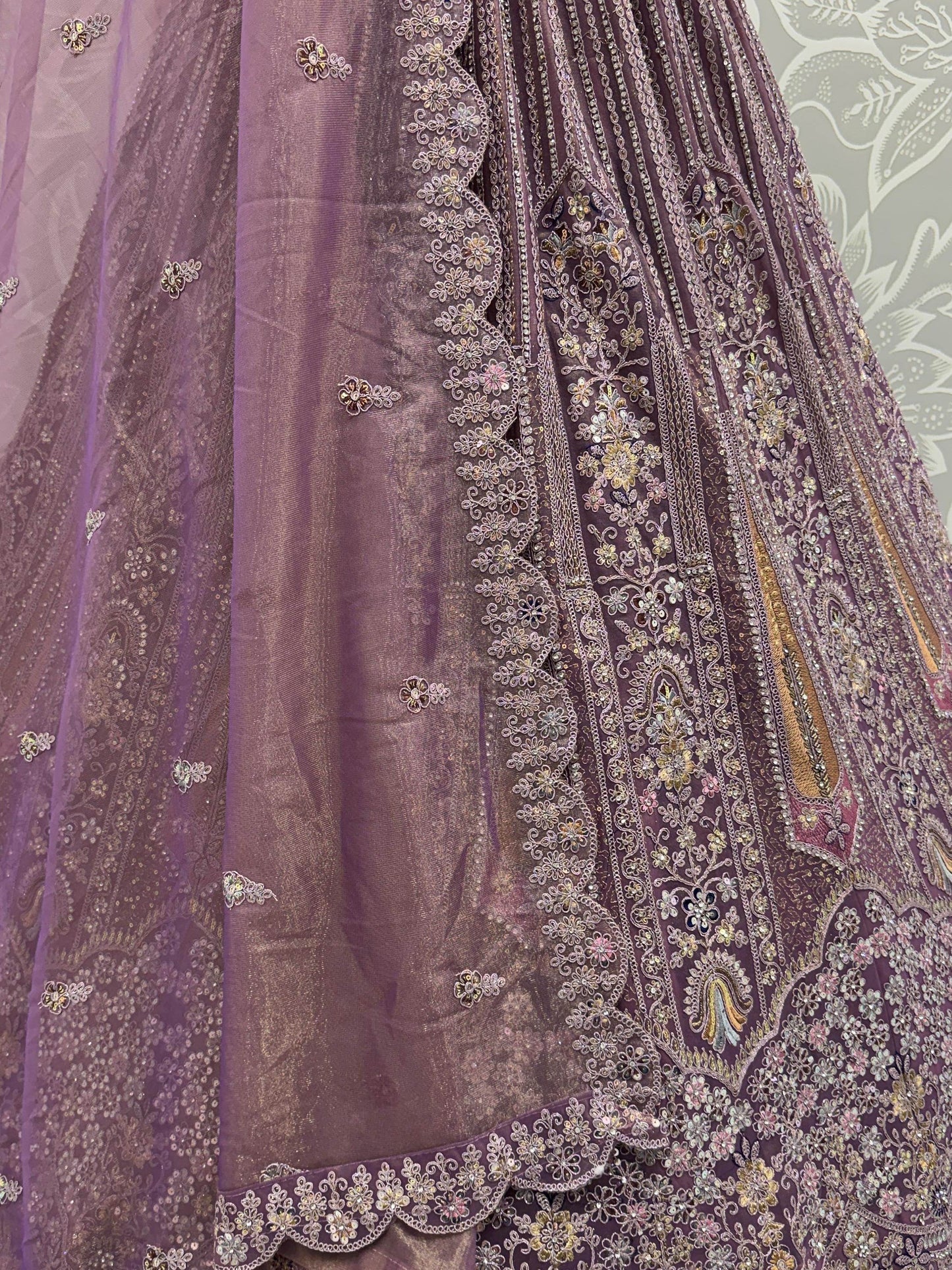 Excellent Mauve Thread Embroidery Net Reception Wear Lehenga Choli With Dupatta