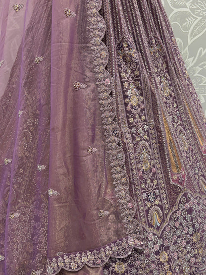 Excellent Mauve Thread Embroidery Net Reception Wear Lehenga Choli With Dupatta