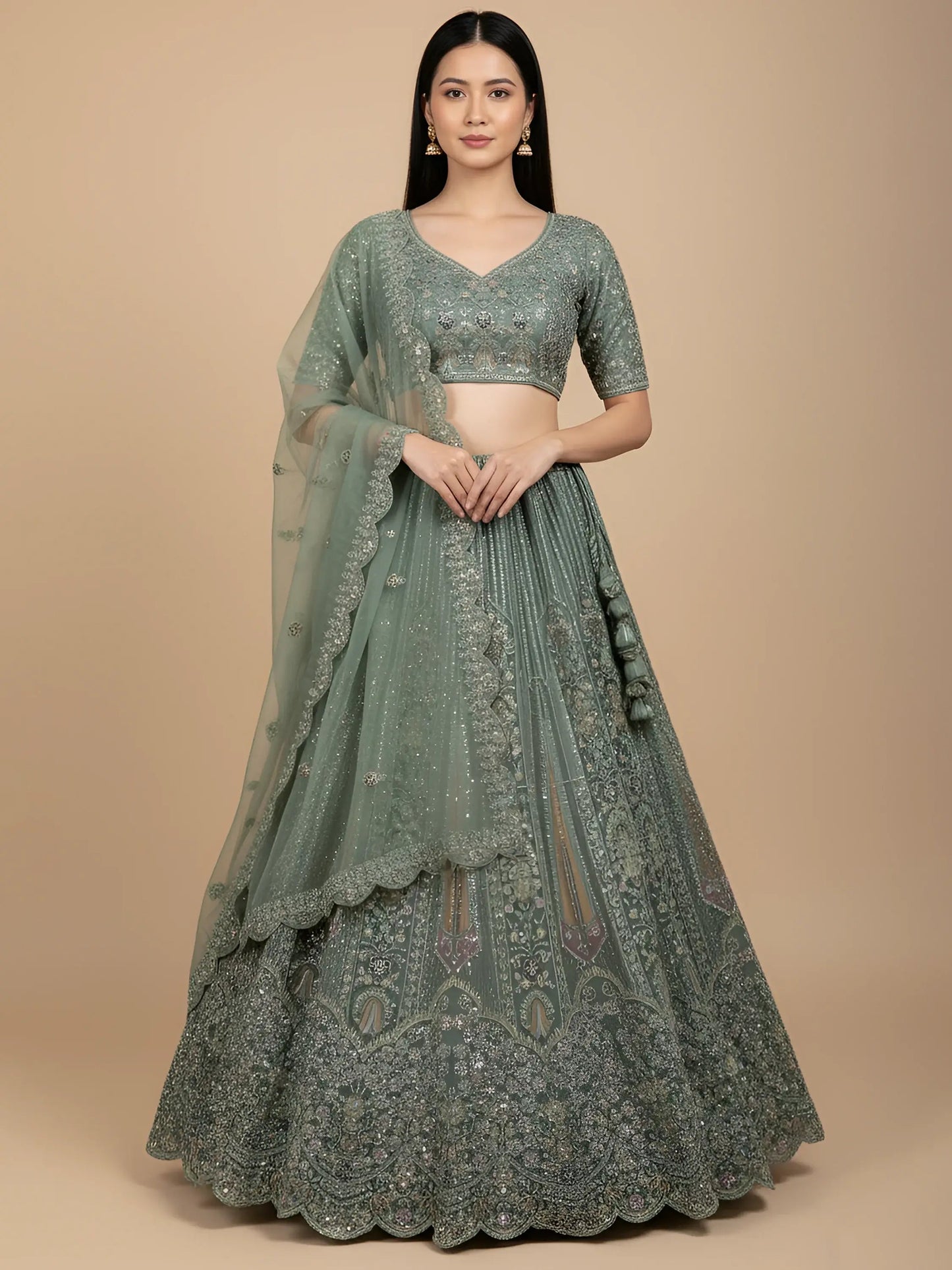 Attractive Green Zircon Work Net Bridesmaid Lehenga With Blouse