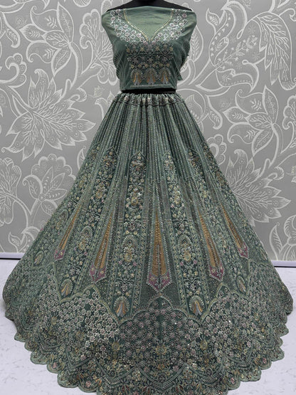 Attractive Green Zircon Work Net Bridesmaid Lehenga With Blouse