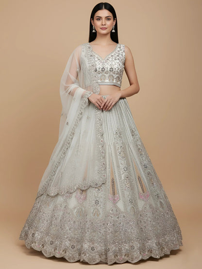 Outstanding White Dori Work Net Event Wear Lehenga Choli With Dupatta