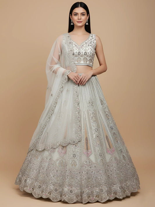 Outstanding White Dori Work Net Event Wear Lehenga Choli With Dupatta