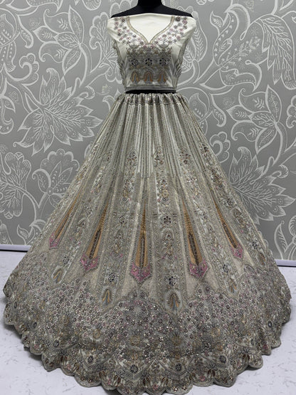 Outstanding White Dori Work Net Event Wear Lehenga Choli With Dupatta