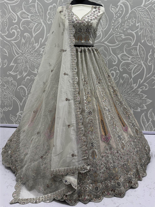 Outstanding White Dori Work Net Event Wear Lehenga Choli With Dupatta