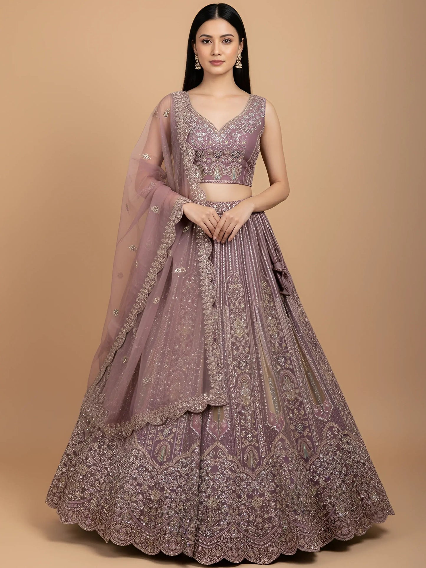 Regal Mauve Thread Embroidery Net Engagement Wear Lehenga Choli