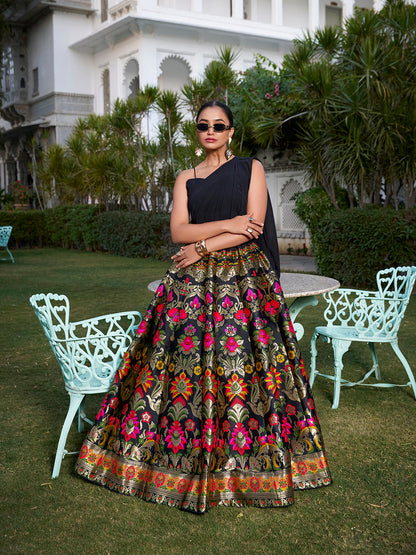 Black Color Weaving Zari Work Banarasi Silk Co-ord Set Lehenga With Georgette Choli