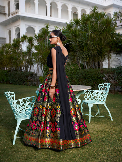 Black Color Weaving Zari Work Banarasi Silk Co-ord Set Lehenga With Georgette Choli