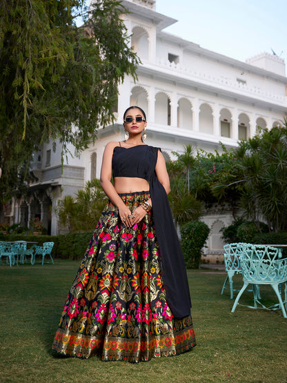 Black Color Weaving Zari Work Banarasi Silk Co-ord Set Lehenga With Georgette Choli