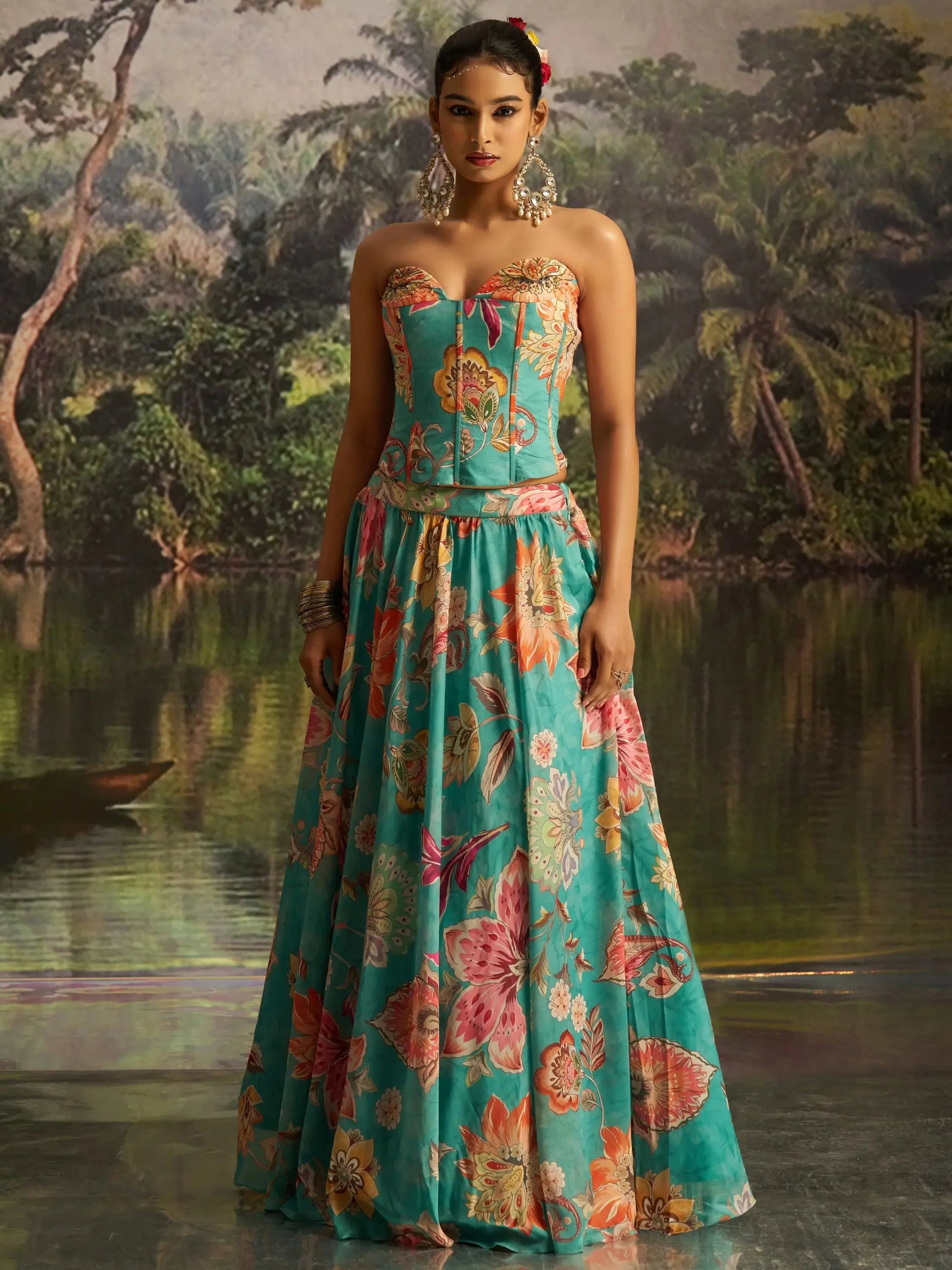 Sensational Mint Blue Floral Printed Georgette Party Wear Lehenga With Co-Ord Blouse
