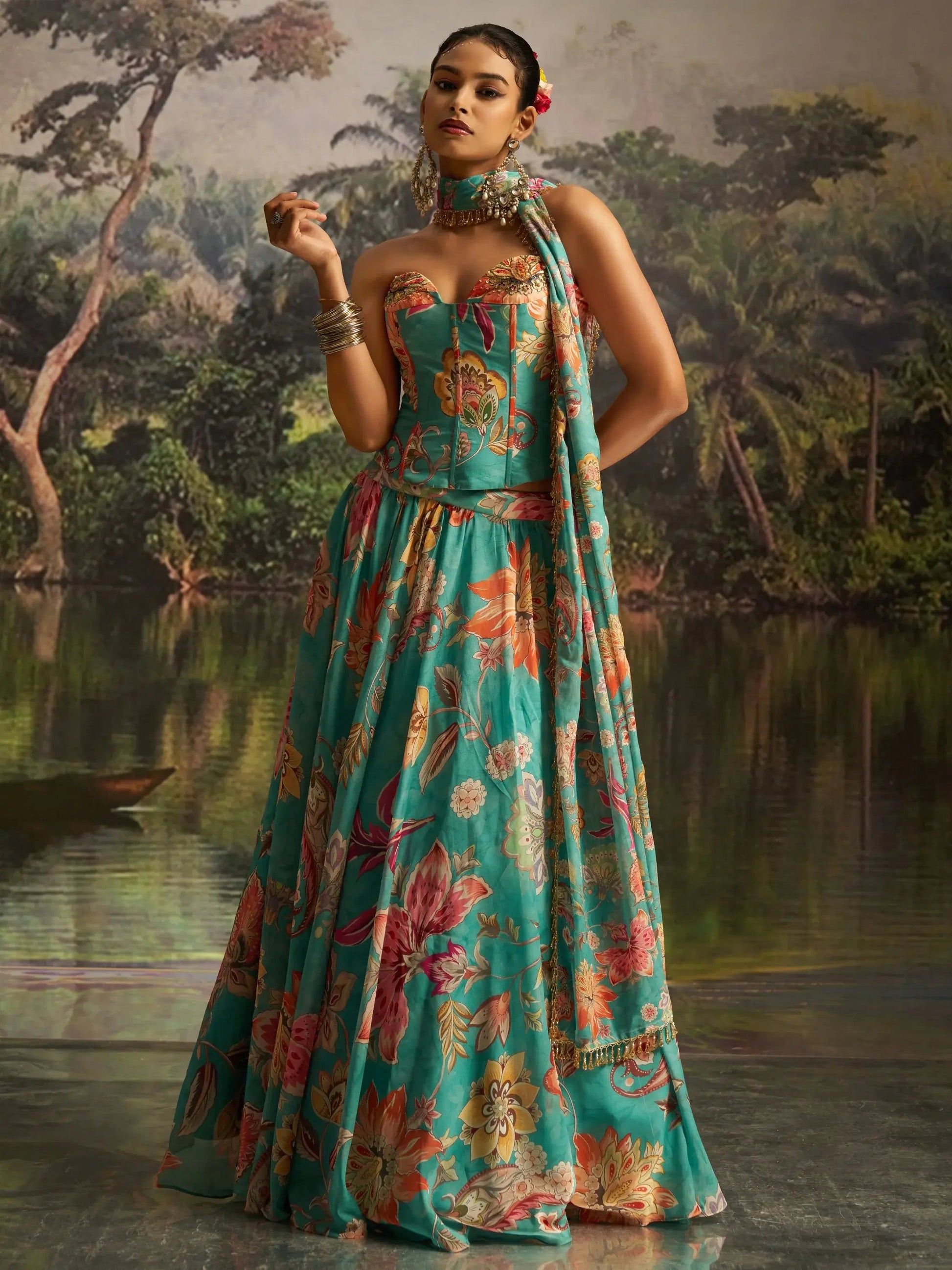 Sensational Mint Blue Floral Printed Georgette Party Wear Lehenga With Co-Ord Blouse
