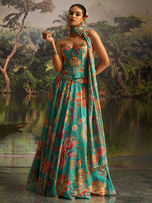 Sensational Mint Blue Floral Printed Georgette Party Wear Lehenga With Co-Ord Blouse