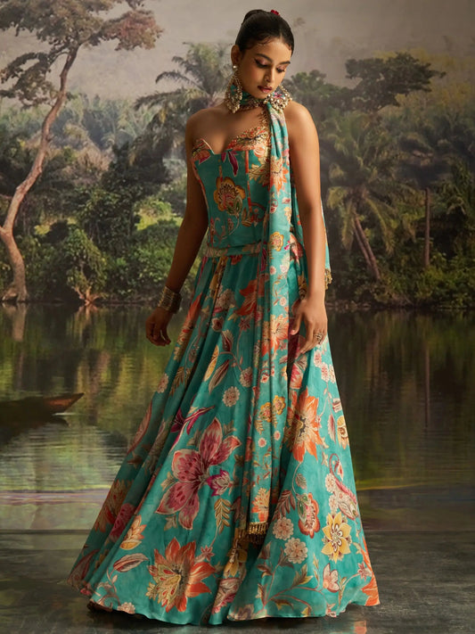 Sensational Mint Blue Floral Printed Georgette Party Wear Lehenga With Co-Ord Blouse