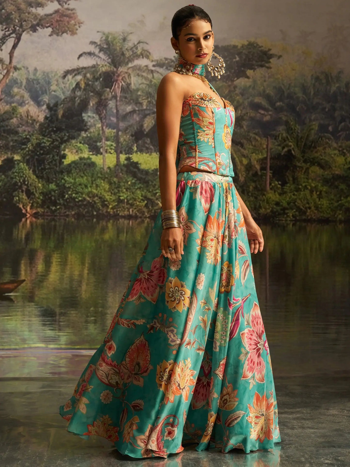 Sensational Mint Blue Floral Printed Georgette Party Wear Lehenga With Co-Ord Blouse