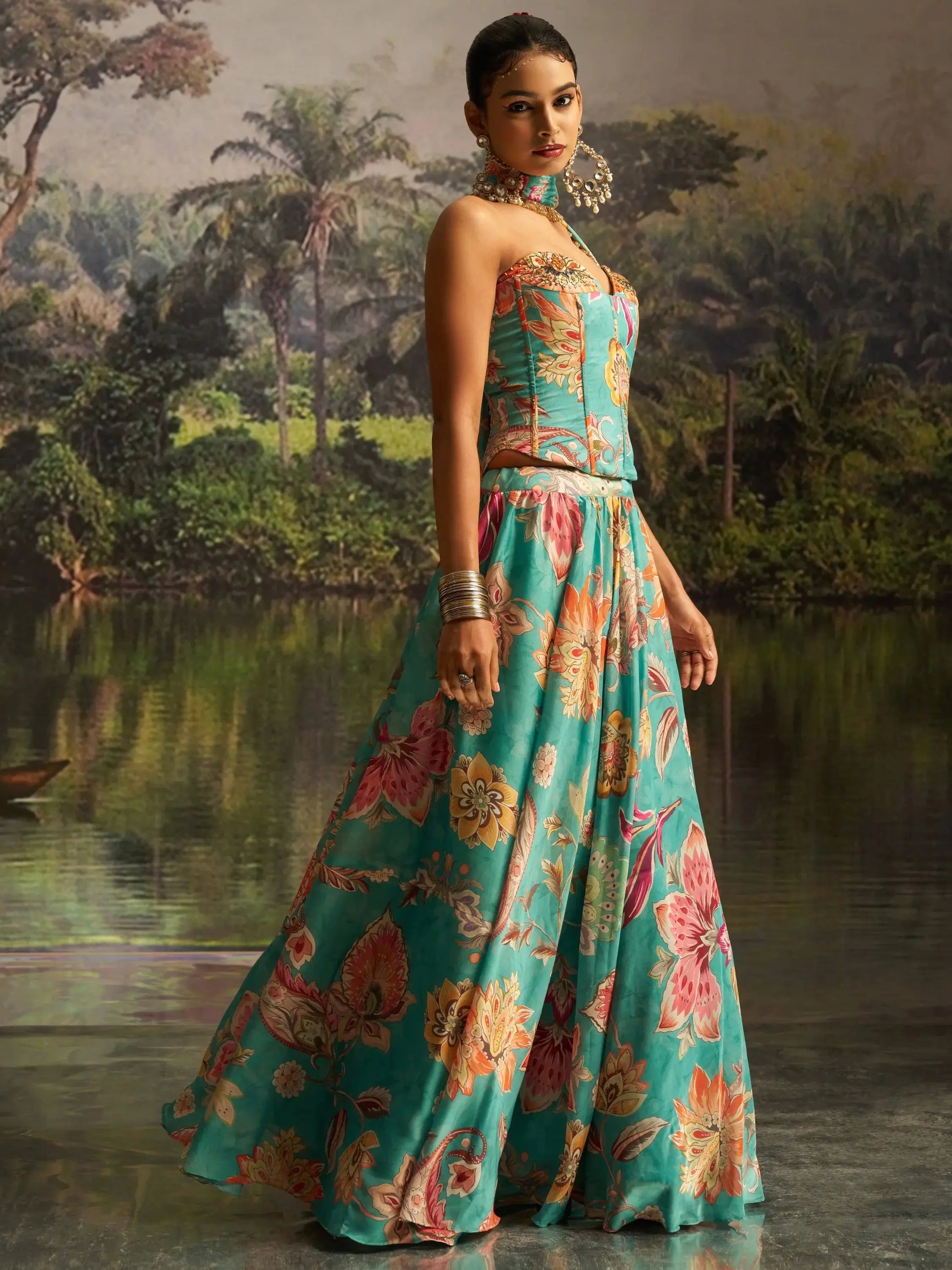 Sensational Mint Blue Floral Printed Georgette Party Wear Lehenga With Co-Ord Blouse
