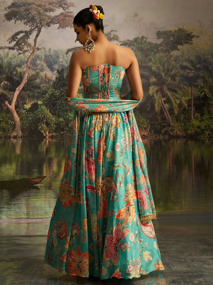 Sensational Mint Blue Floral Printed Georgette Party Wear Lehenga With Co-Ord Blouse