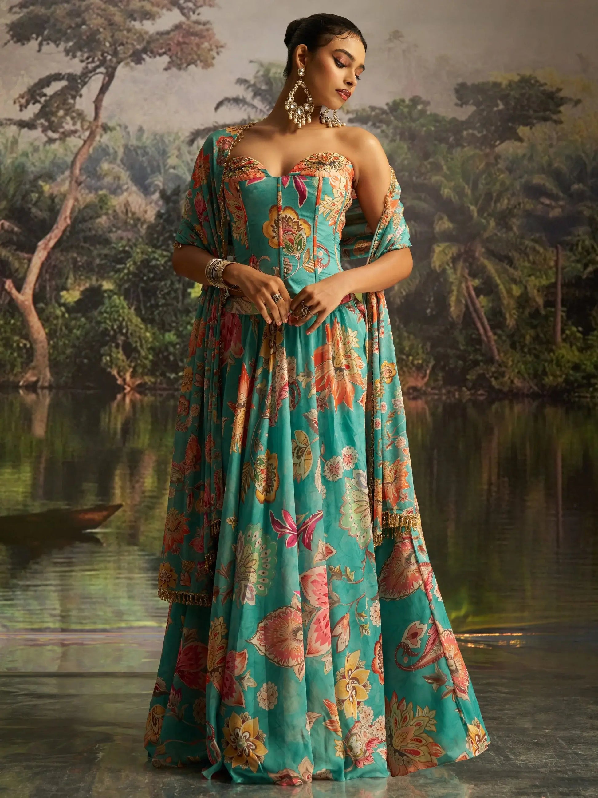 Sensational Mint Blue Floral Printed Georgette Party Wear Lehenga With Co-Ord Blouse