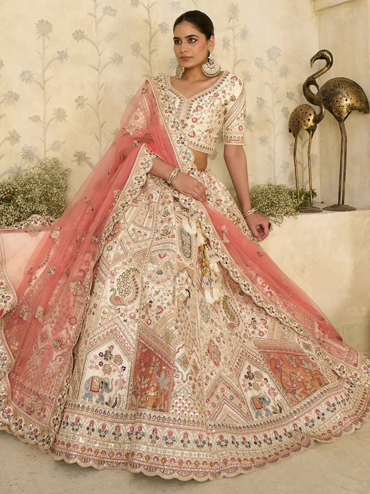 Stellar Cream Thread Embroidered Silk Bridal Lehenga Choli With Dupatta