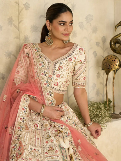 Stellar Cream Thread Embroidered Silk Bridal Lehenga Choli With Dupatta